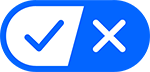 A blue oval icon with a white check mark on the left and a white "X" on the right.