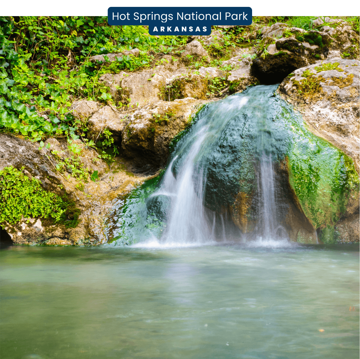 A short waterfall with ivy growing nearby flows into a steamy hot spring in Hot Springs National Park, Arkansas.