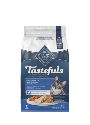 A 7 lb bag of Tastefuls adult indoor cat food featuring a chicken meal on the front.